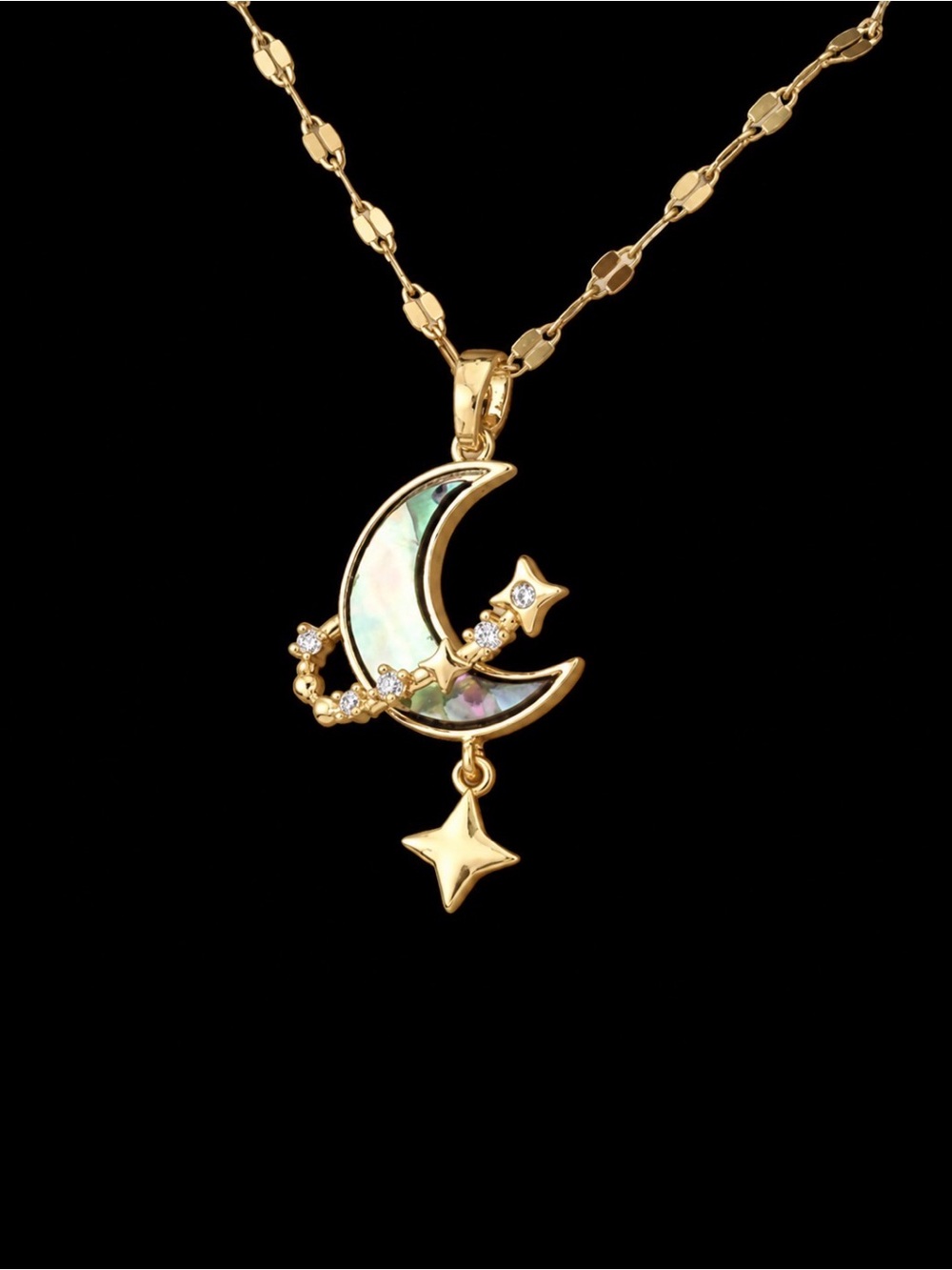 Gold Moon & Star Pendant Necklace with Abalone Inlay